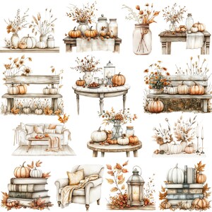 Neutral Fall Clipart, Watercolor Boho Fall PNG bundle, Cosy Fall Clipart, cosy autumnal designs, neutral beige fall, Thanksgiving clipart