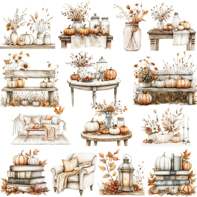 Neutral Fall Clipart, Watercolor Boho Fall PNG bundle, Cosy Fall Clipart, cosy autumnal designs, neutral beige fall, Thanksgiving clipart