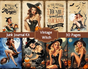 Kit de diario basura de bruja pin-up vintage, Halloween retro (descarga digital)