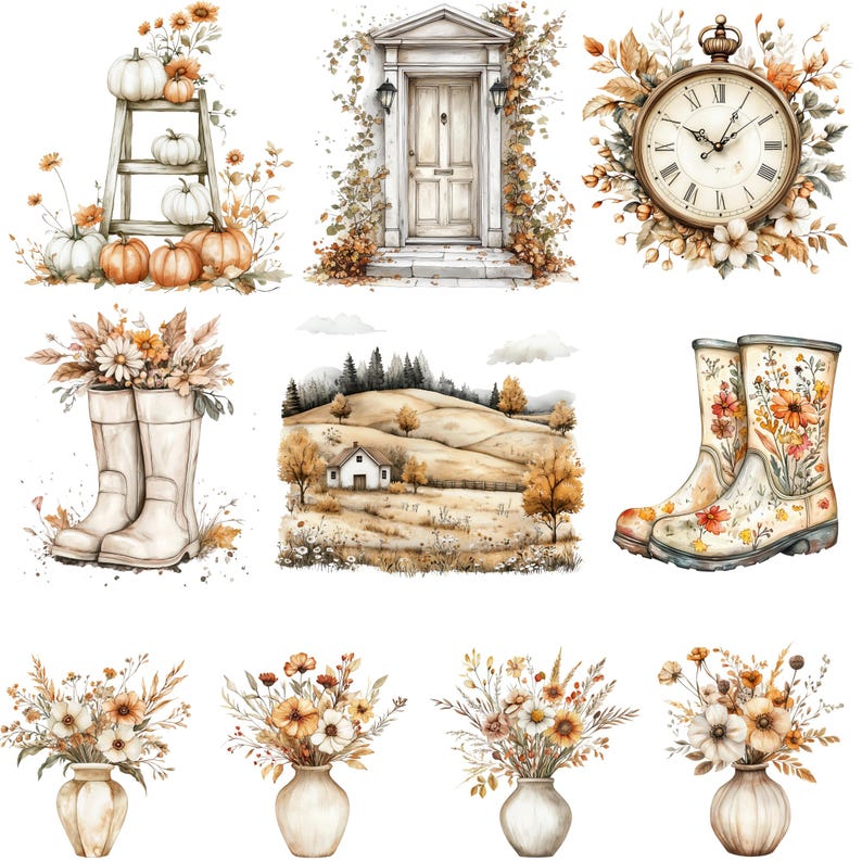 Neutral Fall Clipart, Watercolor Boho Fall PNG bundle, Cosy Fall Clipart, cosy autumnal designs, neutral beige fall, Thanksgiving clipart