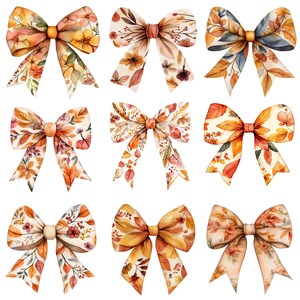 May include: Set of ten watercolor illustrations of autumn-themed bows with various floral patterns in shades of orange, brown, and cream.