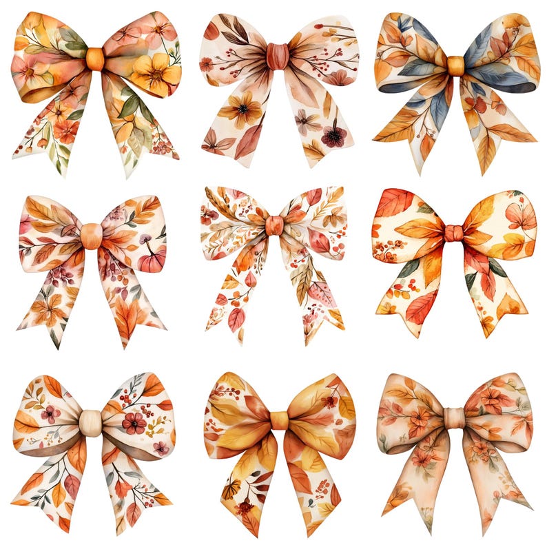 May include: Set of ten watercolor illustrations of autumn-themed bows with various floral patterns in shades of orange, brown, and cream.