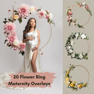 Può includere: Una persona incinta in un abito bianco è in piedi vicino a un anello di metallo dorato adornato con fiori rosa e bianchi. L'immagine include tre ulteriori disegni di anelli floreali. Il testo sull'immagine recita: 20 Flower Ring Maternity Overlays.