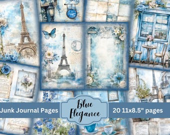 Blue Paris Junk Journal-sidor: Vintage franskt collage (digital nedladdning)