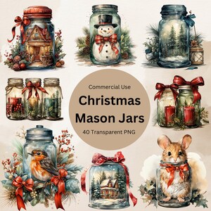Watercolor Christmas Mason Jar Clipart: Retro Winter PNG Bundle