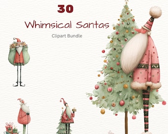 Whimsical Santas Clipart Bundle: 30 Quirky Santa Claus Christmas PNG Graphics (Digital Download)