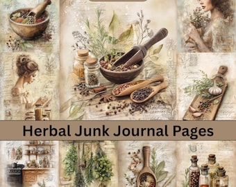 May include: A collection of vintage-style journal pages with herbal and botanical themes. The image includes illustrations of herbs, spices, wooden bowls, and jars. Text on the image reads "130 Pages" and "Herbal Junk Journal Pages".