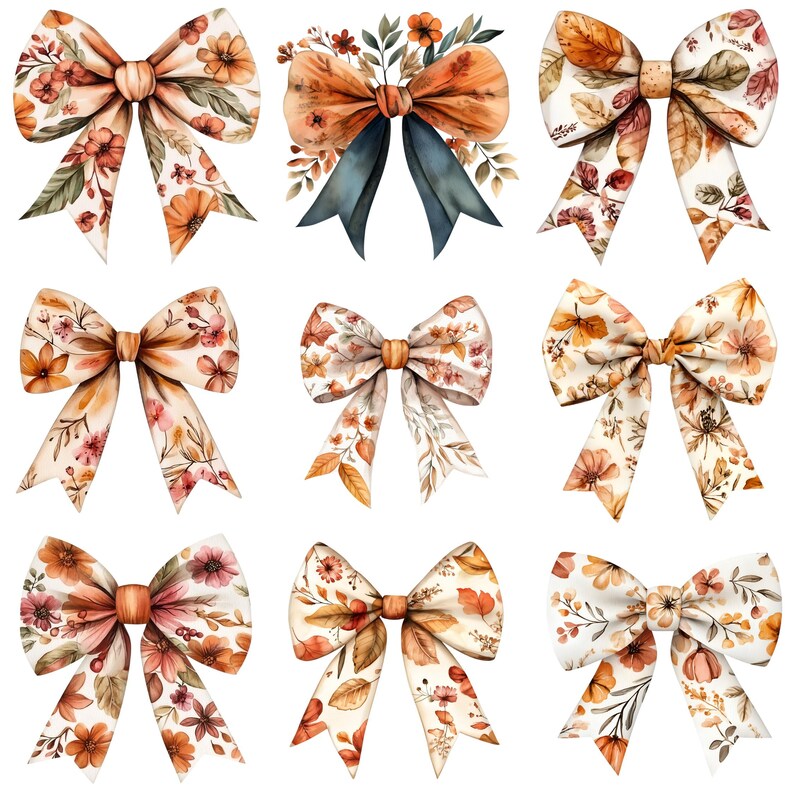 May include: Nine watercolor illustrations of bows with fall colors and floral patterns. The bows are tied in a variety of ways and have different floral patterns.