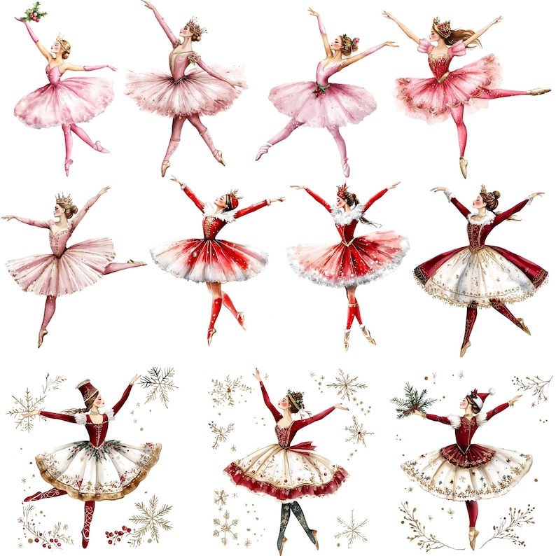 Watercolor Nutcracker Clipart Bundle, Nutcracker Ballet Dancers PNG designs, Coquette Christmas, ballet clipart, christmas ballerina PNG
