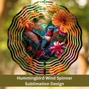 May include: A metal wind spinner with a hummingbird and tropical flowers. The hummingbird is blue, green, and red. The flowers are red, orange, pink, and yellow. The wind spinner is gold and has a swirling design.