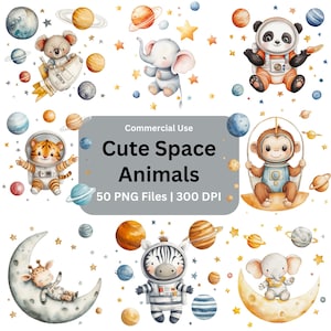 Süße Weltraum Tiere Clipart Bundle, Astronaut Safari Tiere PNG, Kinderzimmer Dekorationen, Baby-Dusche Clipart, Weltraum Clipart, Astronaut Clipart