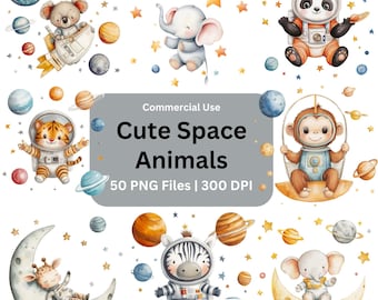 Astronaut Safari Animals Clipart Bundle, Nursery PNG (Digital Download)