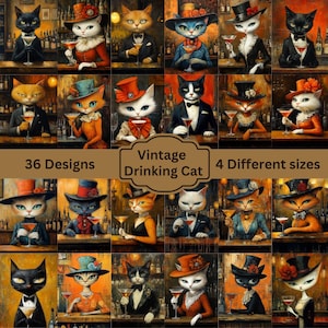 Afdrukbare vellen vintage Drinking Cats, chique katten in een cocktailbar Junk Journal Kit, vintage ATC-kaarten, printables katten, voorraad kattenplakboek