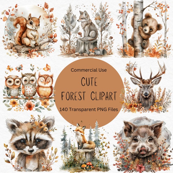 Watercolor Cute Boho Forest Clipart Bundle, 140 Babyshower Clipart PNG, magic forest clipart, boho woodland animals, Nursery Decoration PNG