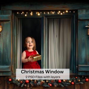 Rustic Christmas Window Digital Backdrop, Christmas Window Digital Overlay for creative composites, cosy Christmas, 2 PDS files with layers