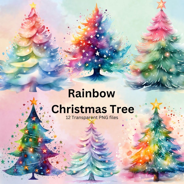 Rainbow Christmas Tree Clipart Bundle, 12 Watercolor Rainbow Christmas Tree Transparent PNGs, Commercial Use, Card Making and other crafts