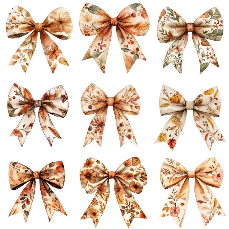 Coquette Autumn Flower Bows Clipart, floral bow PNG, Rustic autumnal designs, Fall Vibes Png, autumn bow png designs, coquette bow clipart