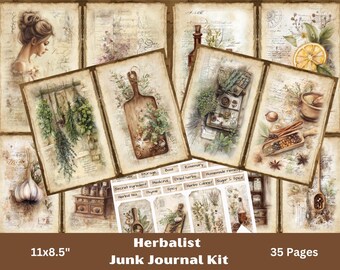 May include: A set of vintage-style journal pages with botanical illustrations. The pages feature images of herbs, spices, and a woman. The text on the pages reads "Herbalist Junk Journal Kit" and the dimensions are 27.9 x 21.6 cm.