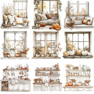 Neutral Fall Clipart, Watercolor Boho Fall PNG bundle, Cosy Fall Clipart, cosy autumnal designs, neutral beige fall, Thanksgiving clipart