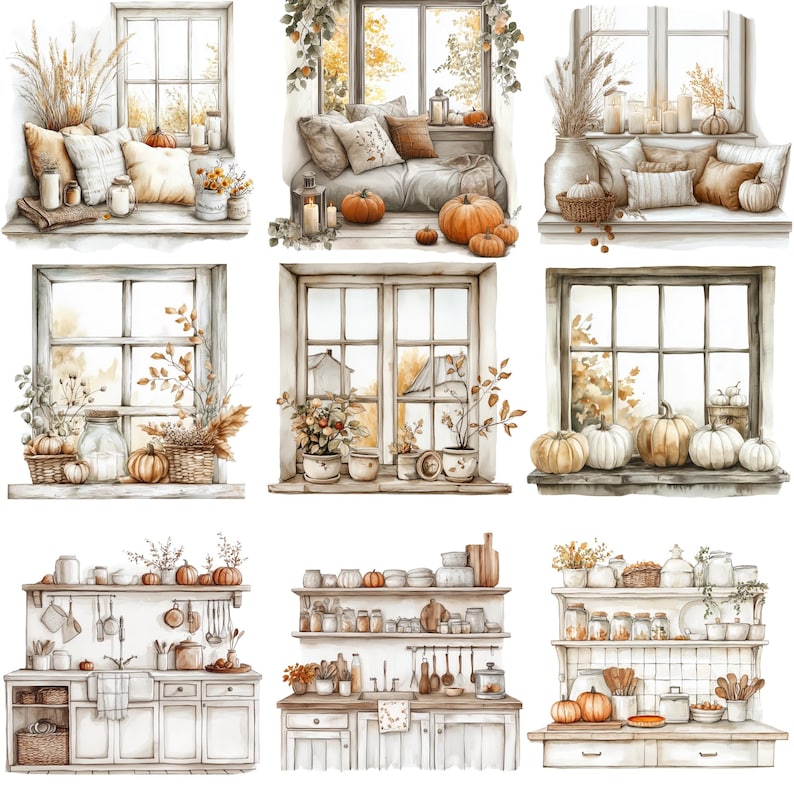Neutral Fall Clipart, Watercolor Boho Fall PNG bundle, Cosy Fall Clipart, cosy autumnal designs, neutral beige fall, Thanksgiving clipart