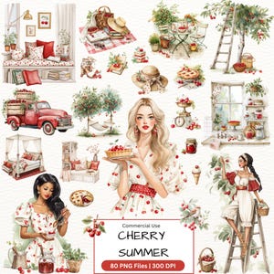 Pacchetto di clipart estive di ciliegie, PNG di giardino di ciliegie ad acquerello, clipart di cottage estivo, adesivi digitali, grafica estiva, PNG di scrapbooking