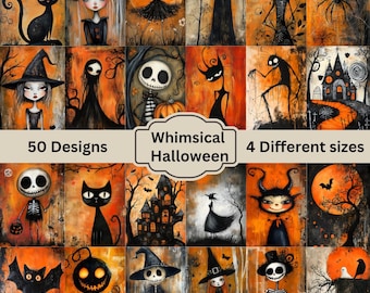 May include: A collage of 50 whimsical Halloween designs in 4 different sizes. The designs feature a variety of spooky and cute characters, including skeletons, witches, cats, and ghosts. The designs are perfect for adding a touch of Halloween fun to your home or party.