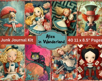 Może przedstawiać: Zestaw Junk Journal z ilustracjami z Alicji w Krainie Czarów. Obrazy przedstawiają Alicję, Szalonego Kapelusznika, Kota z Cheshire i Białego Królika. Zestaw zawiera 40 stron, każda o wymiarach 27,9 x 21,6 cm.