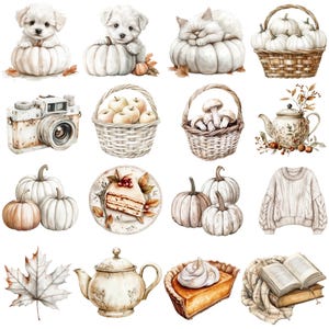 Neutral Fall Clipart, Watercolor Boho Fall PNG bundle, Cosy Fall Clipart, cosy autumnal designs, neutral beige fall, Thanksgiving clipart