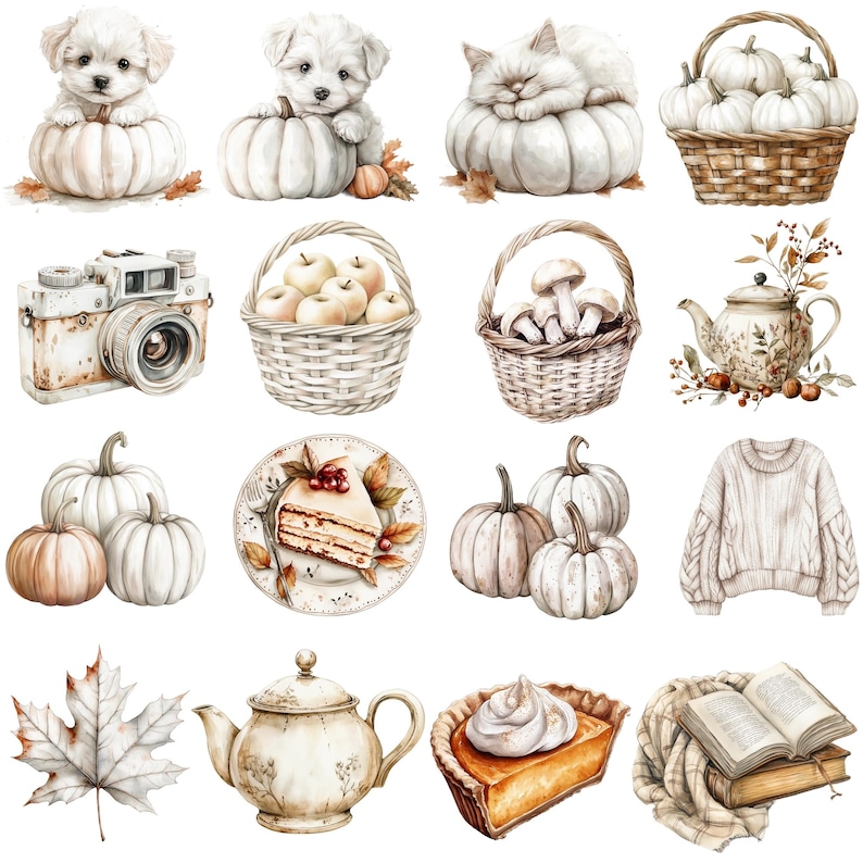 Neutral Fall Clipart, Watercolor Boho Fall PNG bundle, Cosy Fall Clipart, cosy autumnal designs, neutral beige fall, Thanksgiving clipart