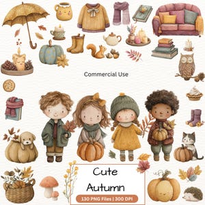 May include: Watercolor illustration featuring autumn-themed elements. Includes a yellow umbrella, pumpkins, sweaters, scarves, and children holding pumpkins. The text "Cute Autumn" is displayed at the bottom, along with "130 PNG Files | 300 DPI".