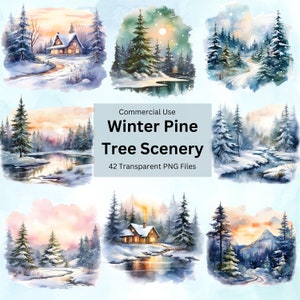 Watercolor winter pine tree forest clipart bundle, winter landscape, watercolor winter scenery, winter png graphics, winter woodland clipart