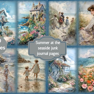 Vintage vakantiejournaalpagina's aan zee, vintage kustkranten, vintage zomerse strandafdrukken, plakboek afdrukbare kustlandschap