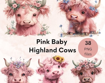 Pink Highland Cow Clipart: Floral Baby Cows PNG Bundle (Digital Download)