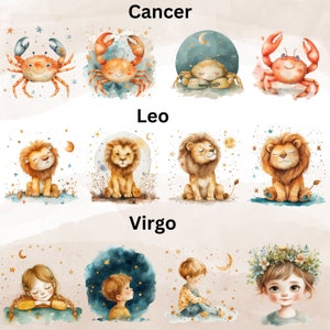 Baby Zodiac Signs Clipart, Baby Zodiac Bundle PNG, Cute Watercolor Zodiac Babyshower Clipart PNG, Nursery Decoration png, astrology clipart