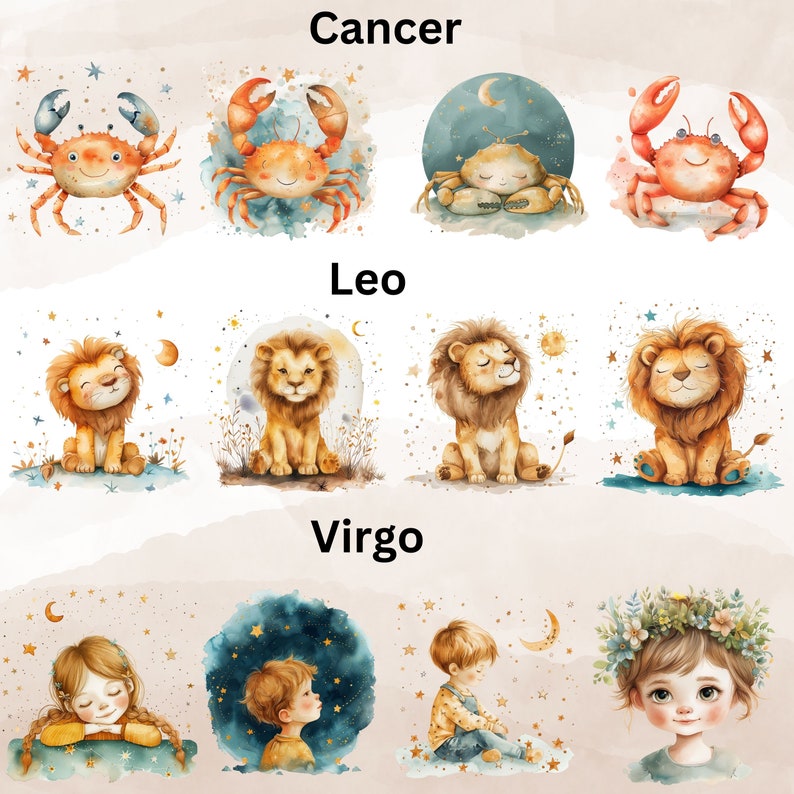 Baby Zodiac Signs Clipart, Baby Zodiac Bundle PNG, Cute Watercolor Zodiac Babyshower Clipart PNG, Nursery Decoration png, astrology clipart