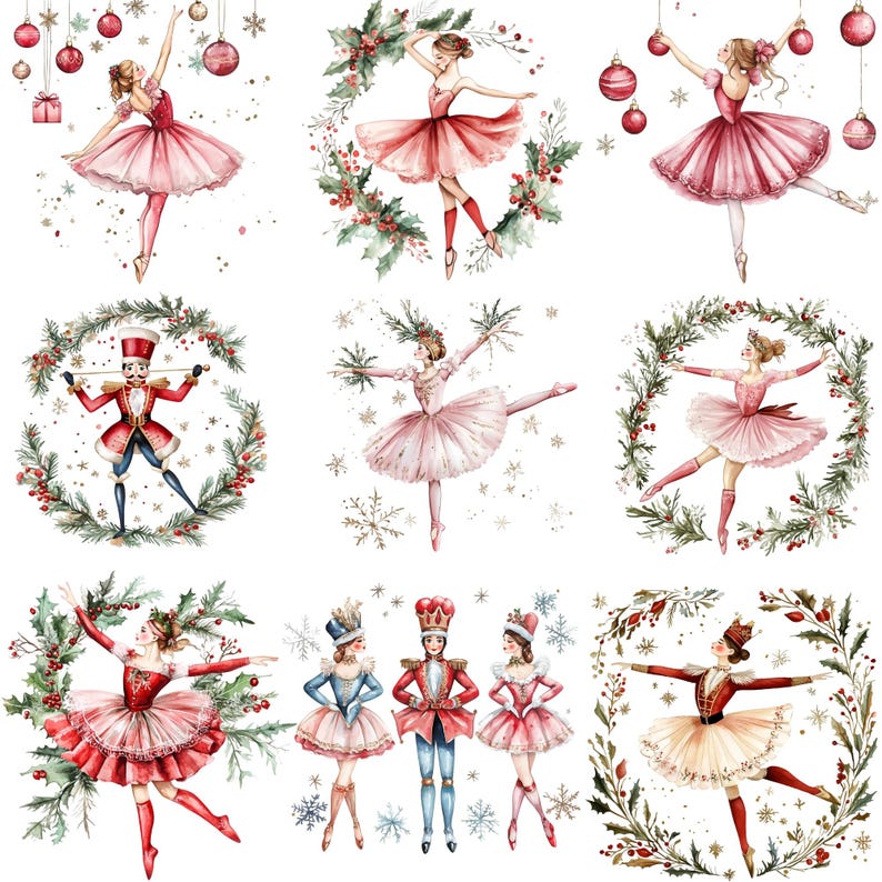 Watercolor Nutcracker Clipart Bundle, Nutcracker Ballet Dancers PNG designs, Coquette Christmas, ballet clipart, christmas ballerina PNG