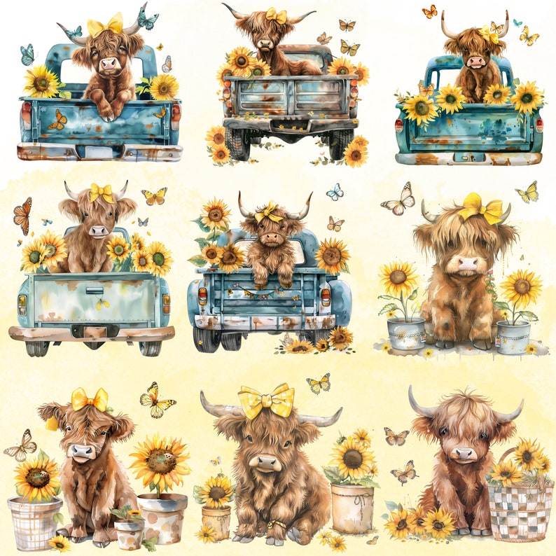 Baby Highland Cow Sunflower Clipart: Watercolor PNG Bundle (digital ...