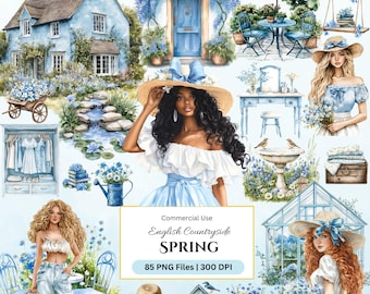 Watercolor Spring Clipart: English Cottagecore, Blue Florals (PNG Digital Download)