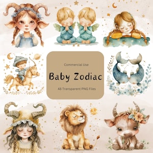 Clipart dei segni zodiacali per bambini, Pacchetto di segni zodiacali per bambini in formato PNG, Clipart di baby shower con simpatici segni zodiacali in acquerello in formato PNG, Decorazione per la cameretta dei bambini in formato PNG, Clipart di astrologia
