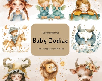 Watercolor Baby Zodiac Clipart: Nursery Astrology PNG Bundle (Digital Download)