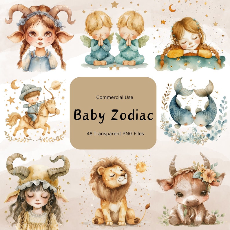 Baby Zodiac Signs Clipart, Baby Zodiac Bundle PNG, Cute Watercolor Zodiac Babyshower Clipart PNG, Nursery Decoration png, astrology clipart