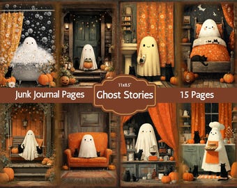 May include: A collage of illustrations featuring ghosts in various Halloween scenes. The images include ghosts in a bathtub, on a porch, in a bedroom, and in a kitchen. The text "Junk Journal Pages", "Ghost Stories", and "15 Pages" is visible.