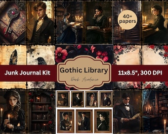 May include: A digital junk journal kit with 40+ papers featuring gothic library and dark academia themes. The kit includes images of books, candles, and people in a library setting. The papers are 11x8.5 inches and 300 DPI.