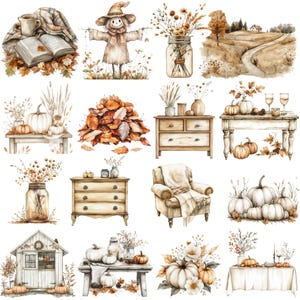 Neutral Fall Clipart, Watercolor Boho Fall PNG bundle, Cosy Fall Clipart, cosy autumnal designs, neutral beige fall, Thanksgiving clipart