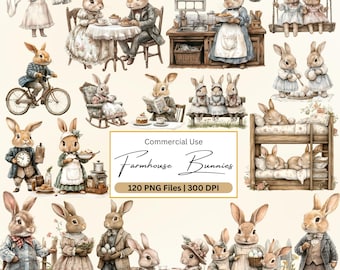 Watercolor Farmhouse Bunnies Clipart: Vintage Easter PNG Bundle (120+ Files)