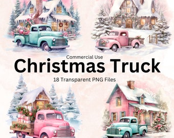 Watercolor Christmas Truck Clipart, 18 Pastel Watercolor Vintage Christmas Truck winter PNG files, Card Making, Scrapbooking, Commercial Use