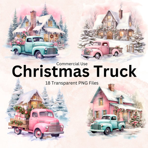 Watercolor Christmas Truck Clipart, 18 Pastel Watercolor Vintage Christmas Truck winter PNG files, Card Making, Scrapbooking, Commercial Use