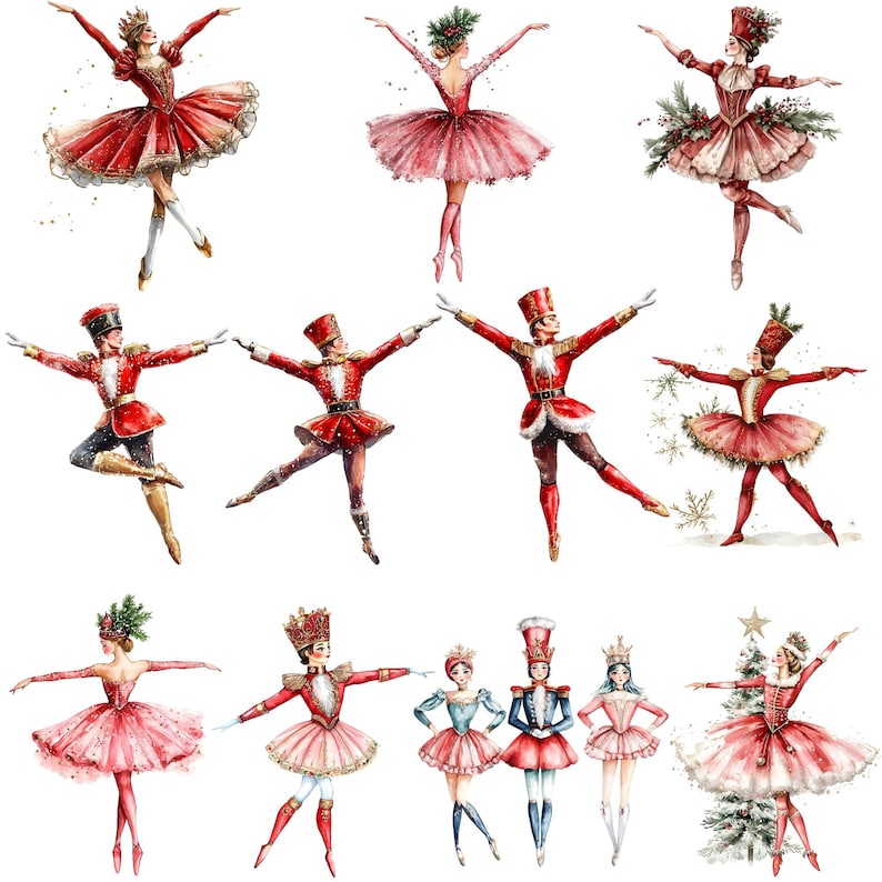 Watercolor Nutcracker Clipart Bundle, Nutcracker Ballet Dancers PNG designs, Coquette Christmas, ballet clipart, christmas ballerina PNG