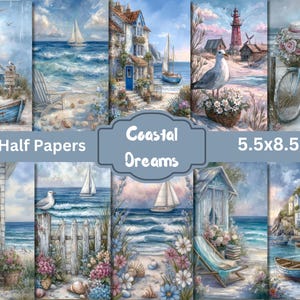 Demi-papiers journal indésirable Coastal Dreams, feuilles de collage côtières, papiers numériques bord de mer été, kit de scrapbooking nautique, imprimés plage