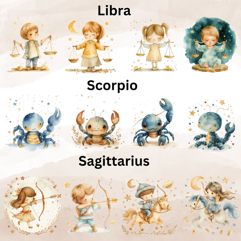 Baby Zodiac Signs Clipart, Baby Zodiac Bundle PNG, Cute Watercolor Zodiac Babyshower Clipart PNG, Nursery Decoration png, astrology clipart